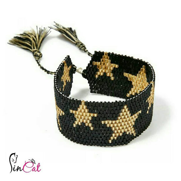 Ethnic handmade seed beads gold star beads bracelet