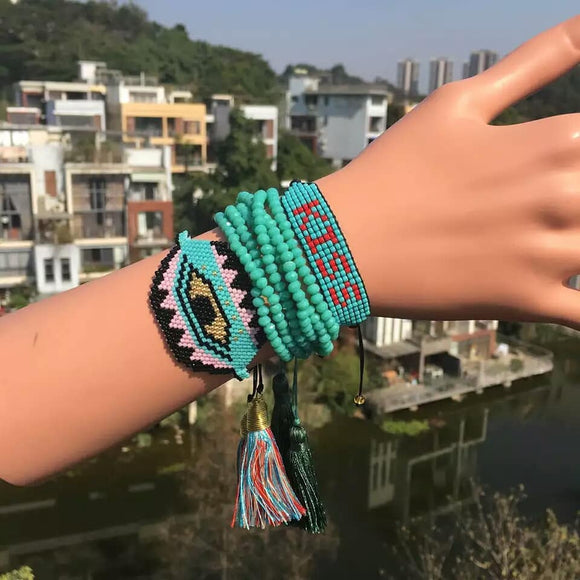 Green crystal kiss evil eye set of 3 beads bracelets