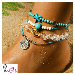 Natural Quartz Shel Starfish Lotus Friendship Set of Anklets