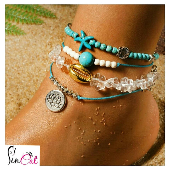 Natural Quartz Shel Starfish Lotus Friendship Set of Anklets
