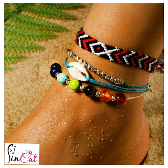 Chakra Natural Stone Cowrie Anklet Set