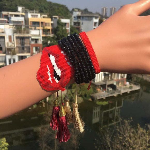 Bite lips red handmade beads set of 3 bracelets