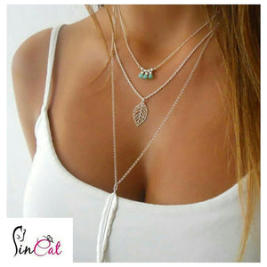 Multilayer silver leaf blue stone necklace