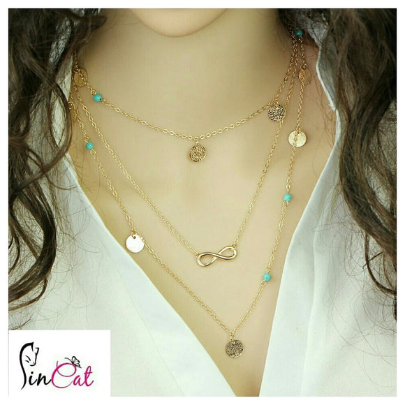 Multilayer leaf blue stone chain necklace