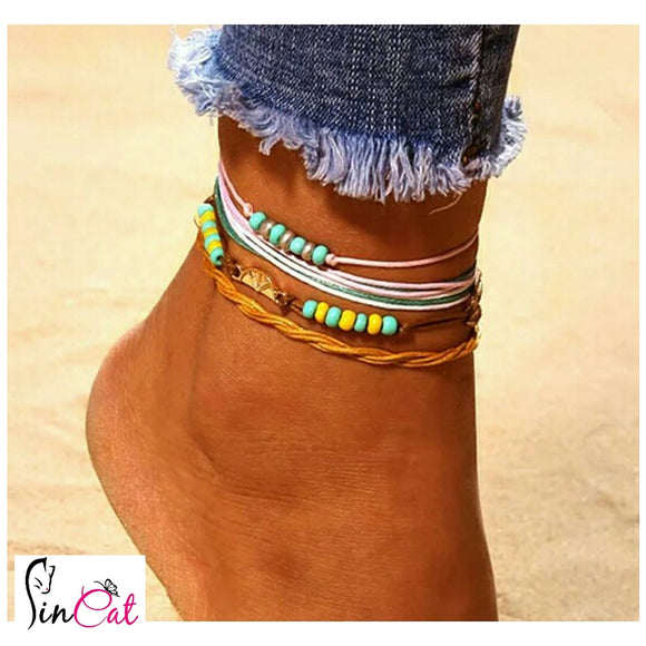 Lemon pink brown set of anklets