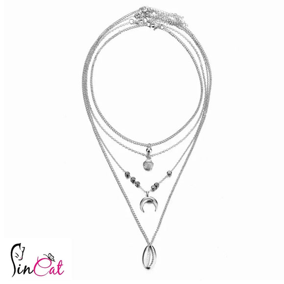 Moon shell multilayer silver necklace