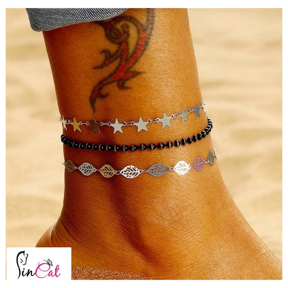 Set of 3 silver leaf stars black beads anklet