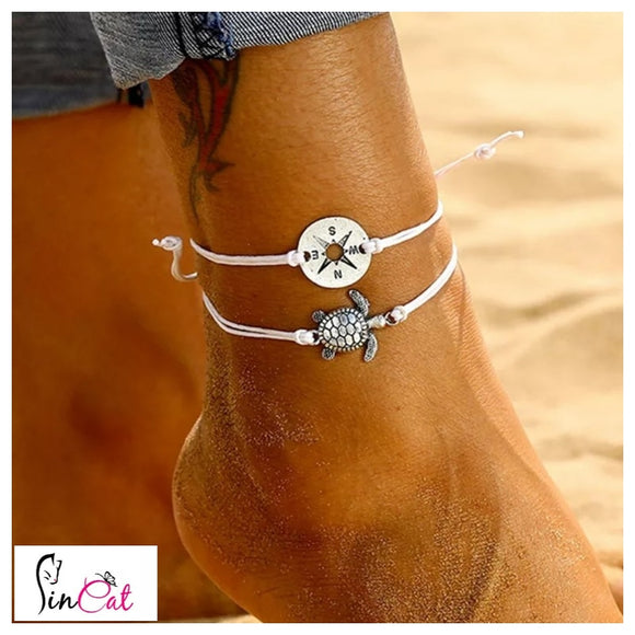 Set of 2 white turtle star anklet