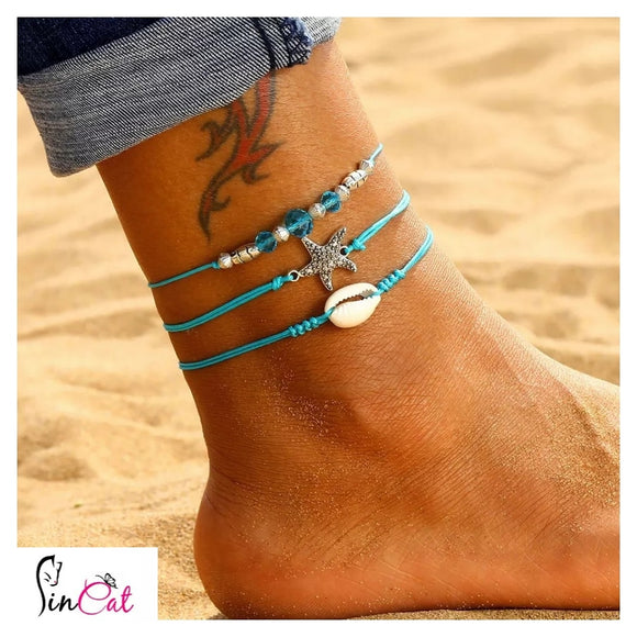Set of 3 blue rope shell beads star anklets