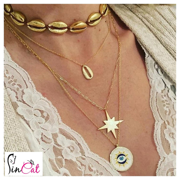 Multilayer shell star evil eye golden necklace