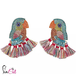 Colorful glass bird shining fringed earrings