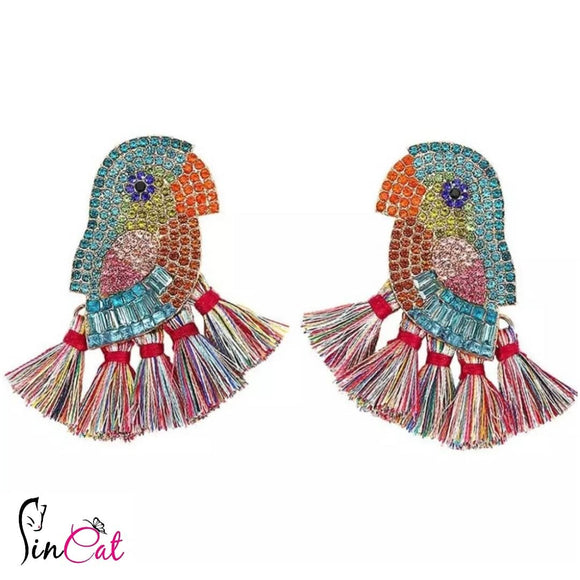 Colorful glass bird shining fringed earrings