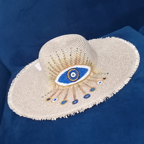 Evil eye hand painted straw hat