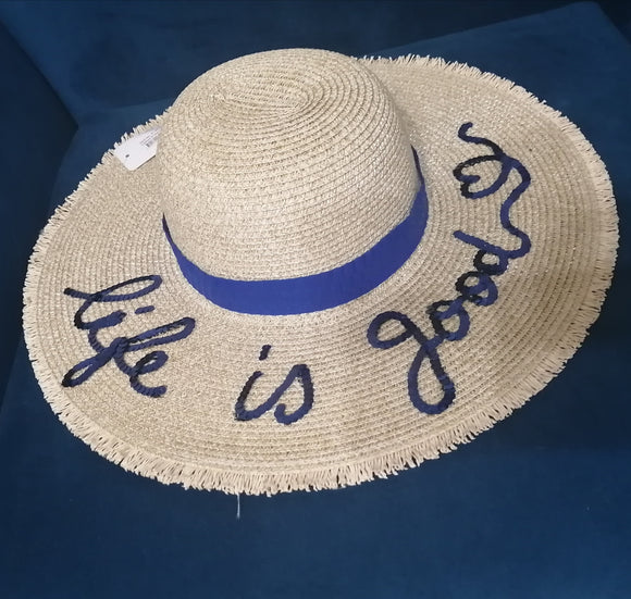 life is good blue sequin straw hat