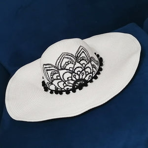 Black and white hand painted design straw hat