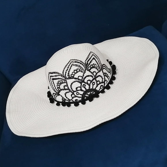 Black and white hand painted design straw hat