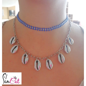 silver shell necklace blue choker