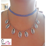 silver shell necklace blue choker