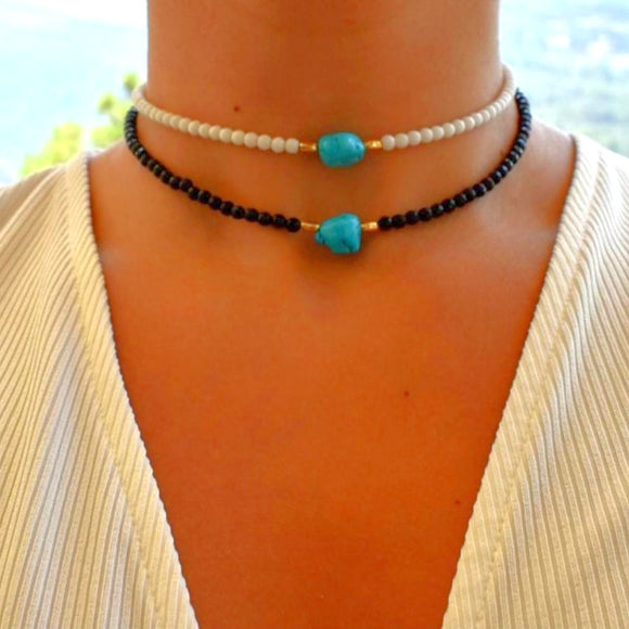 Beaded choker necklace with big blue stone