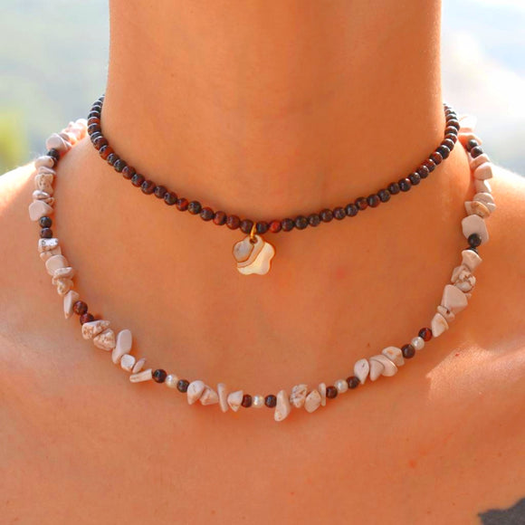 Brown beaded choker necklace with flower
