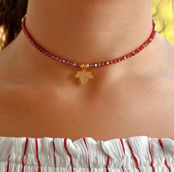 Red beads with golden leaf handmade choker necklace