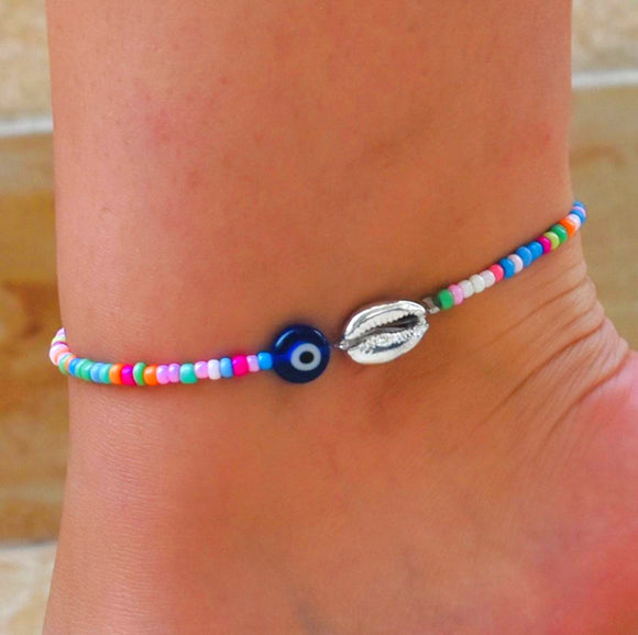 Multicolor elastic beaded anklet with evil eye shell