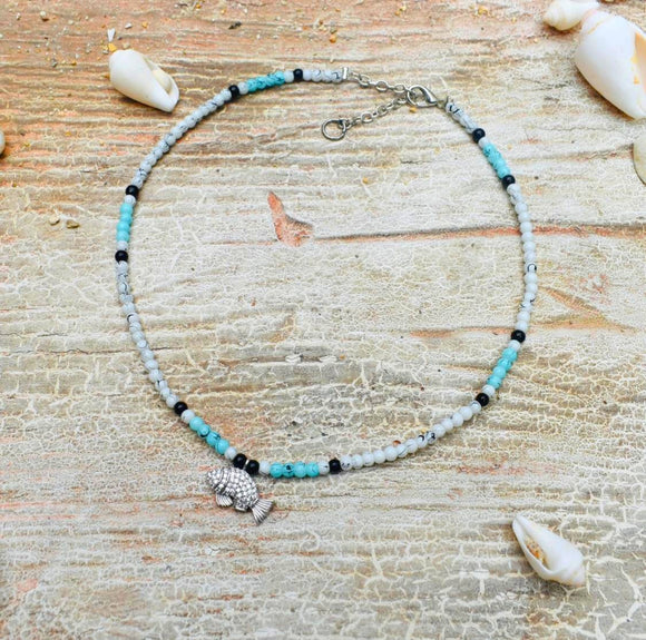 Handmade beaded choker necklace with silver Fish