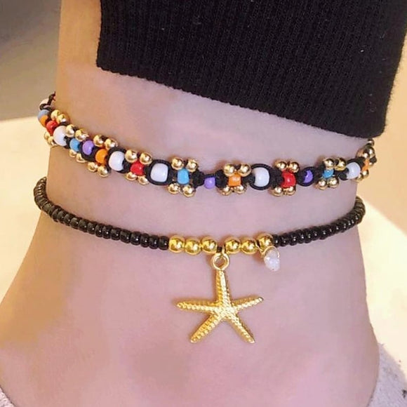 anklet black star flower handmade seed beads adjustable rope