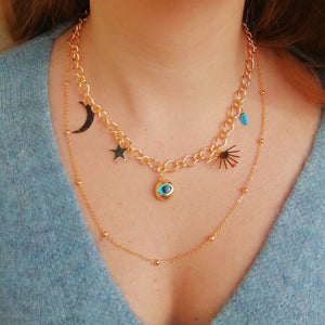 Eye star sun moon turquoise bead gold chain necklace