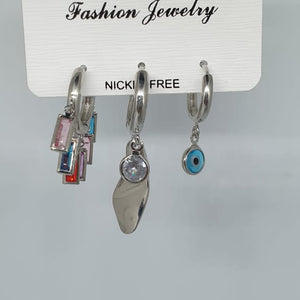 set of three nickel free silver multicolor eye drop earrings