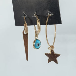 set of three turkish eye star drop earrings