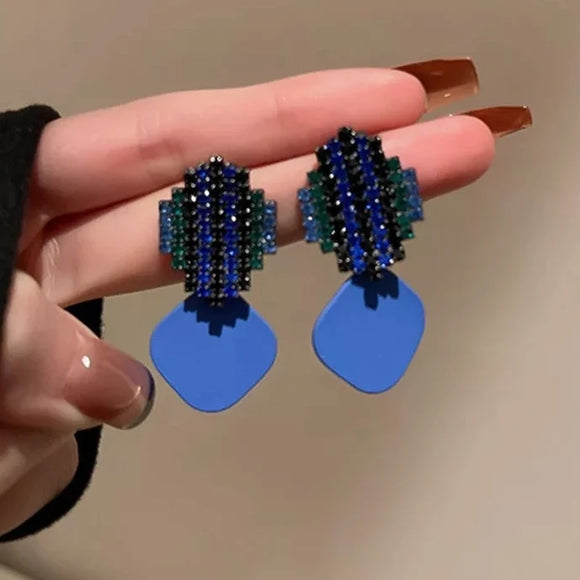 Vintage Geometry Blue Crystal Drop Earrings