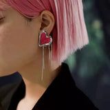 Asymmetric Enamel Glaze Pink Heart Chain Tassel Earrings
