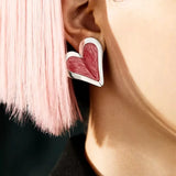 Asymmetric Enamel Glaze Pink Heart Chain Tassel Earrings