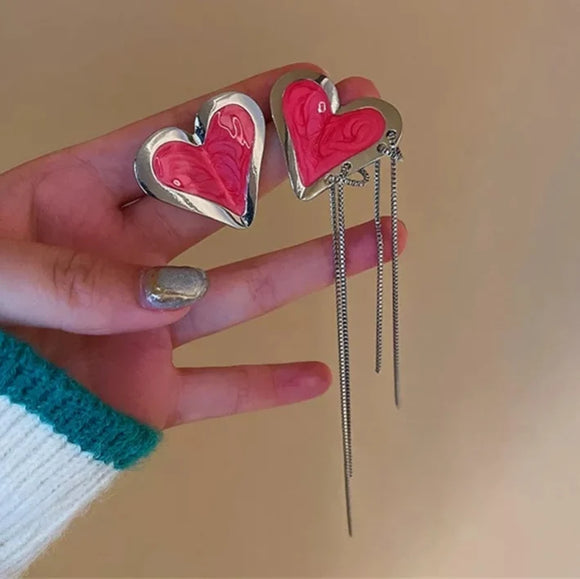 Asymmetric Enamel Glaze Pink Heart Chain Tassel Earrings