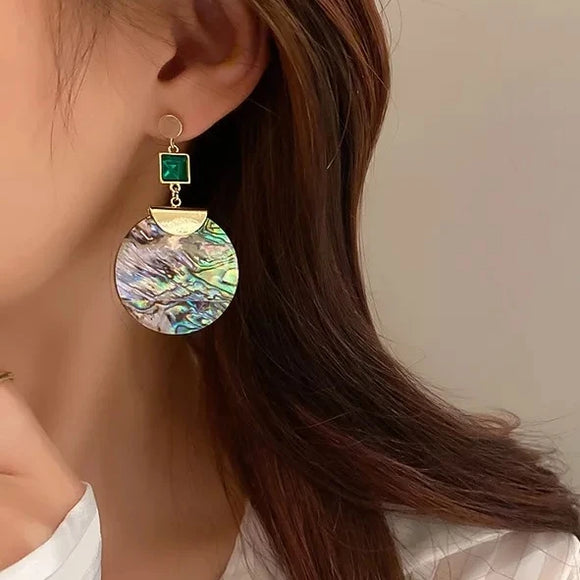 Retro Long Tassel Metal Square Green Glass Large Round Shells Earrings