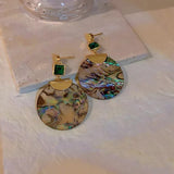 Retro Long Tassel Metal Square Green Glass Large Round Shells Earrings