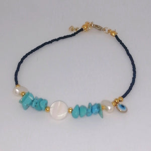 Natural stone black beads evil eye Anklet