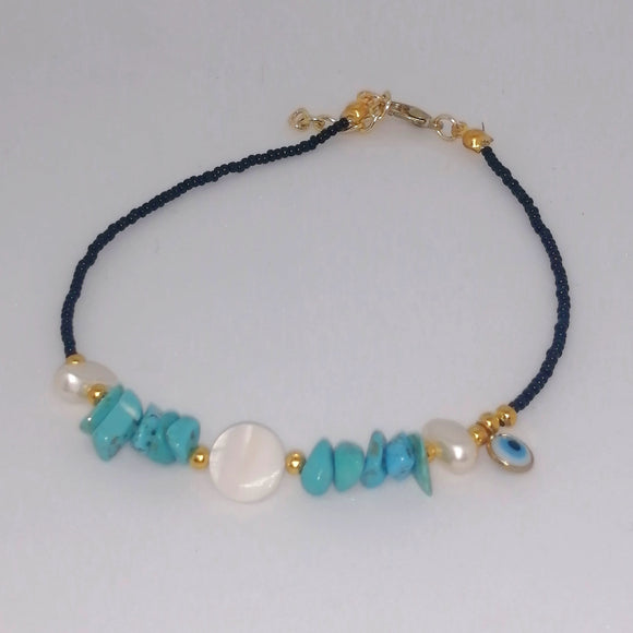 Natural stone black beads evil eye Anklet