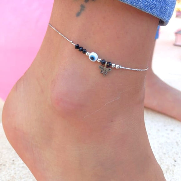 evil eye butterfly black stone anklet