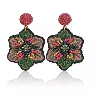 boho embroidered handmade beaded flower earringd
