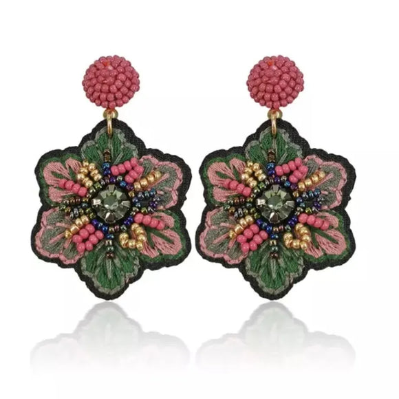 boho embroidered handmade beaded flower earringd