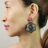 boho embroidered handmade beaded flower earringd