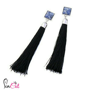 Blue bead black tassels earrings
