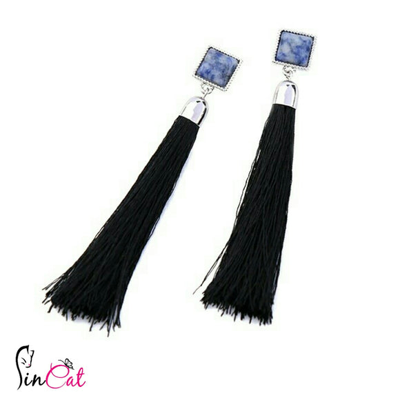 Blue bead black tassels earrings