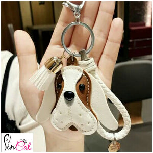 Leather white dog keychain