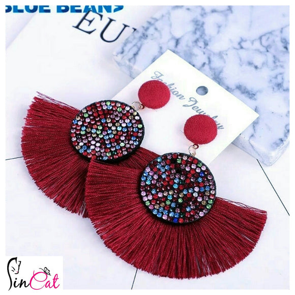 Red wine rhinestone earrings with tassel