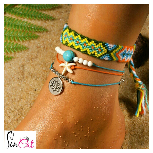 Handmade green Weave Bobo Lotus Anklet Set