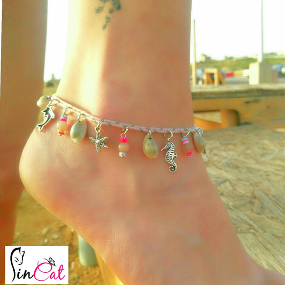 Boho beach seahorse pink anklet