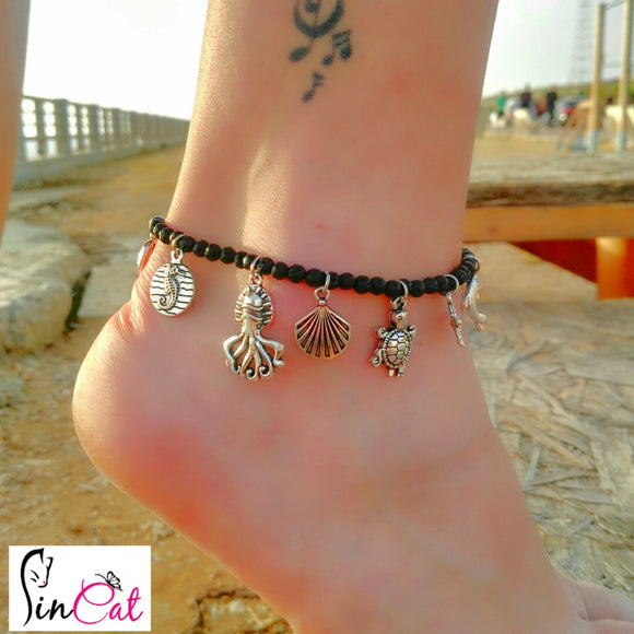 Natural stone Black beads shell anklet